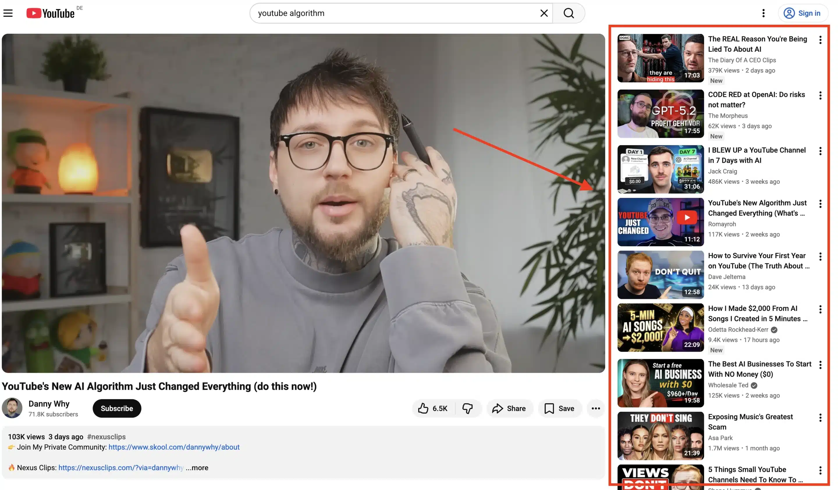 YouTube video watch page showing a creator discussing algorithm updates, with suggested videos listed in the sidebar to demonstrate how YouTube recommendations influence video discovery.