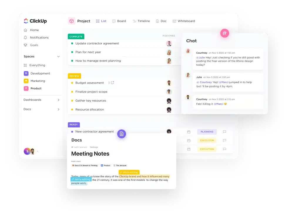 ClickUp project management dashboard showing a task list with assignees, a team chat panel, and shared docs for meeting notes, highlighting collaboration and workflow tracking in one workspace.
