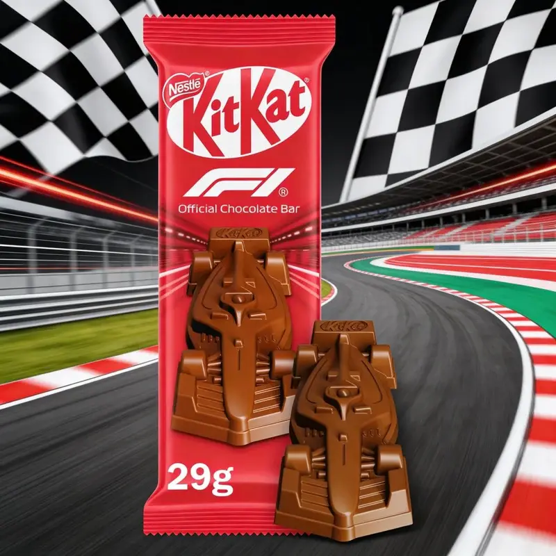 A KitKat chocolate bar with Formula 1–shaped chocolate pieces, placed on a racetrack background with racing flags to highlight the F1 partnership.