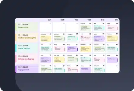 Monthly Instagram content calendar with color-coded post categories, posting times, and daily content types laid out in a grid.