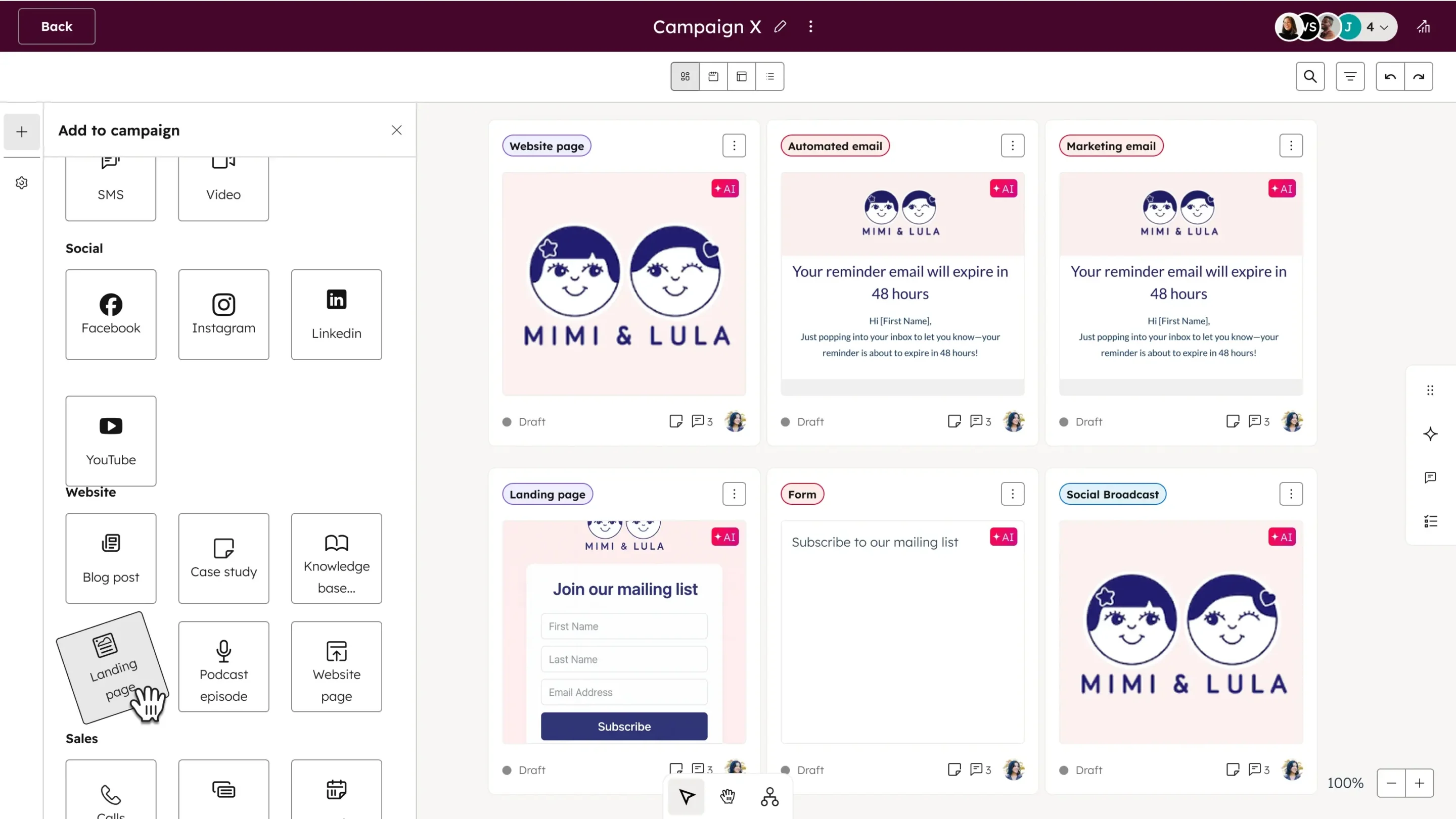 Marketing campaign dashboard showing a drag-and-drop workspace with multiple content blocks for the “Mimi & Lula” brand, including website page, automated email, marketing email, landing page, form, and social broadcast cards. A left sidebar labeled “Add to campaign” lists channels like Facebook, Instagram, LinkedIn, YouTube, blog post, landing page, and podcast episode, while the main canvas displays draft assets with preview thumbnails and collaboration icons.
