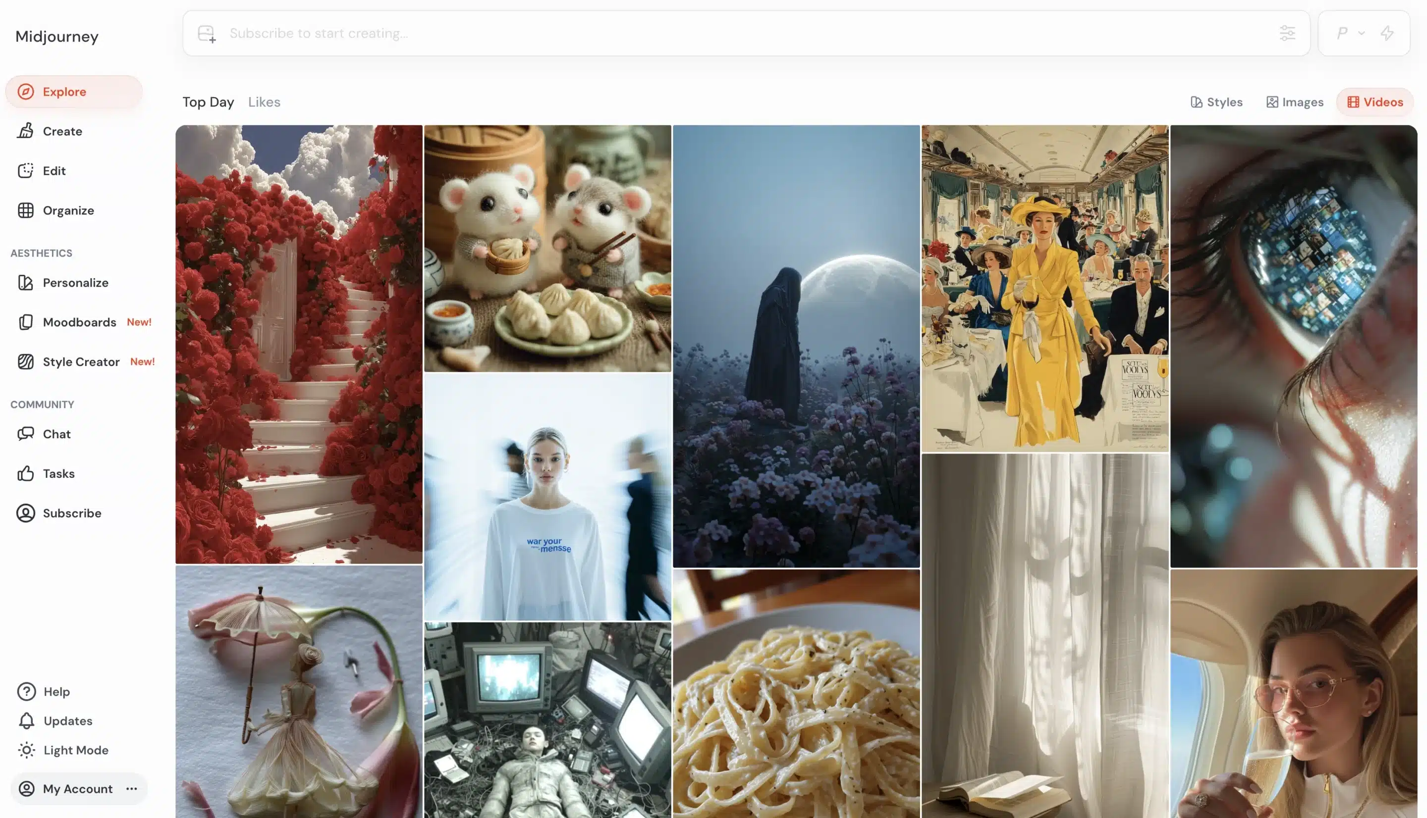 Midjourney Explore page showing a grid of AI-generated images (fantasy landscapes, animals, portraits, fashion scenes, food, and surreal concepts), with a left sidebar for Create, Edit, Organize, and Style tools, plus top navigation for images and videos.