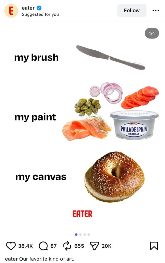 A graphic comparing a knife as a brush, bagel toppings as paint, and a sesame bagel as the canvas.