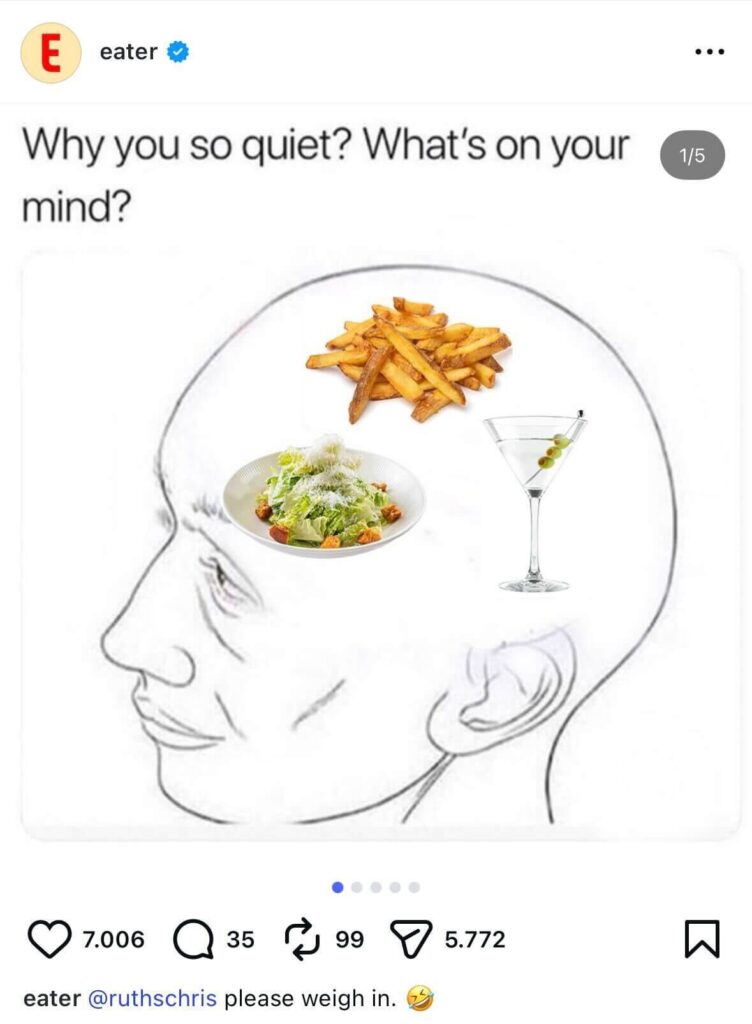 A line drawing of a human head filled with fries, salad, and a martini, illustrating food on the mind.
