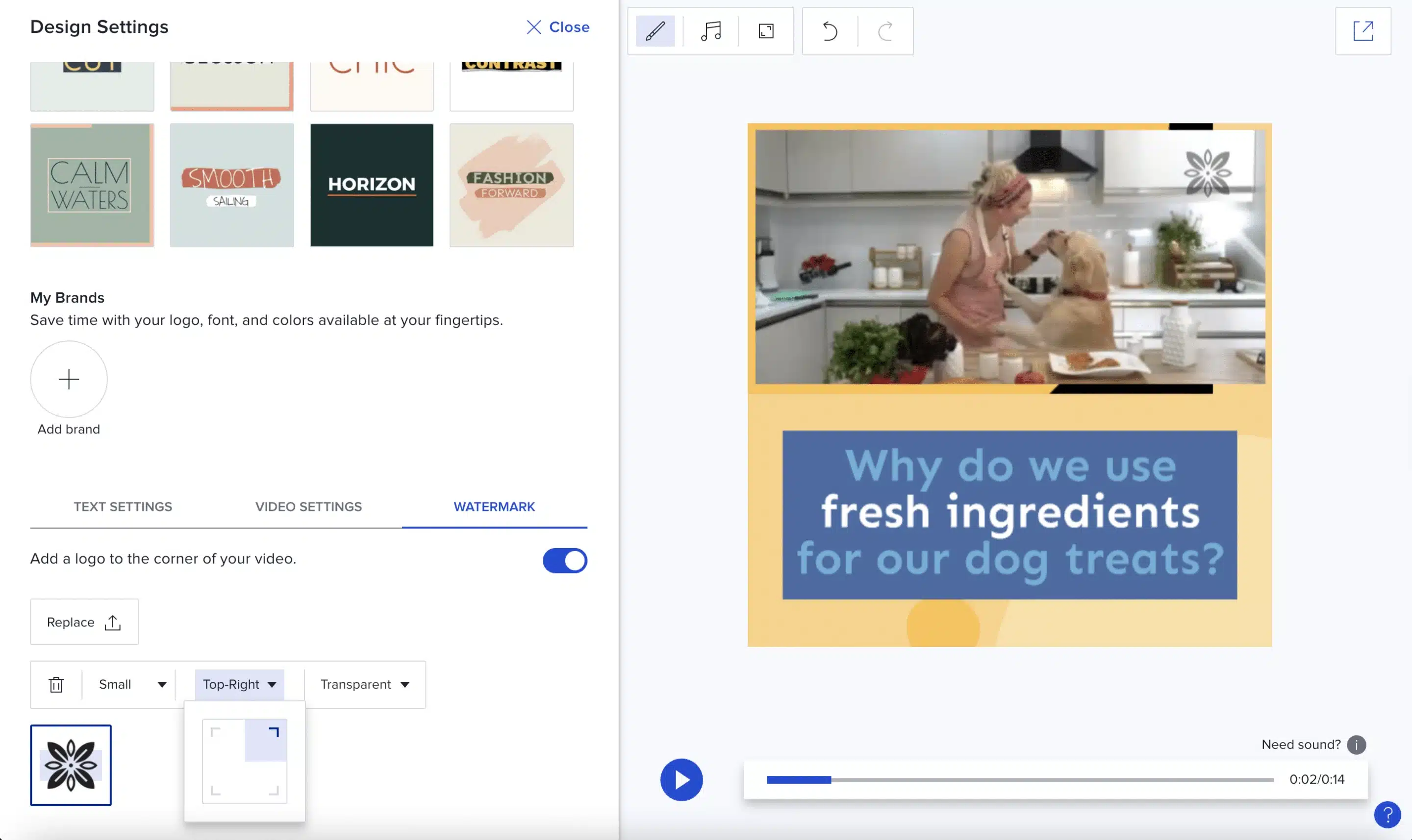 Animoto video editor showing Design Settings with watermark options (logo upload, size, position, transparency), alongside a preview of a branded dog treat video with on-screen text.
