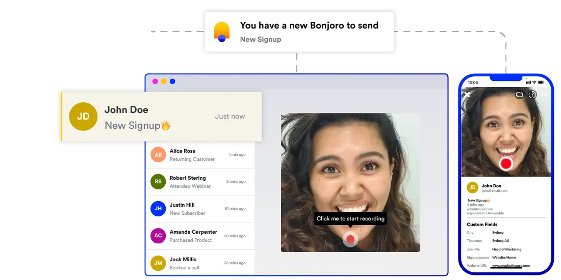 Bonjoro dashboard showing a list of new signups (including John Doe) and a video recording screen for sending a personalized welcome message, with a mobile preview displaying the recipient’s contact details and custom fields.