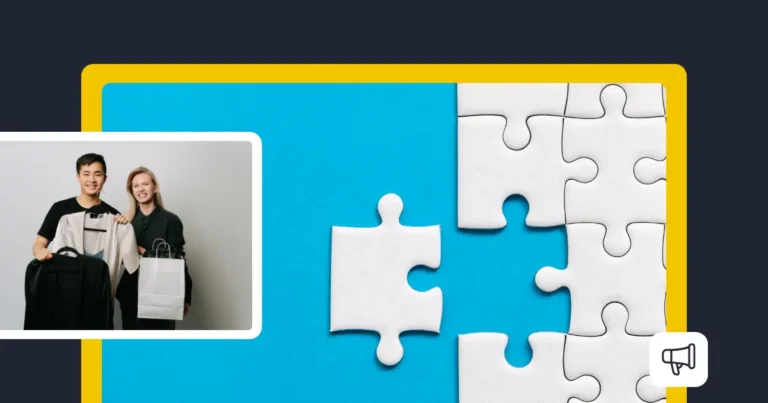 Two people holding shopping bags next to a graphic of white puzzle pieces on a blue background, representing brand partnerships and collaboration.