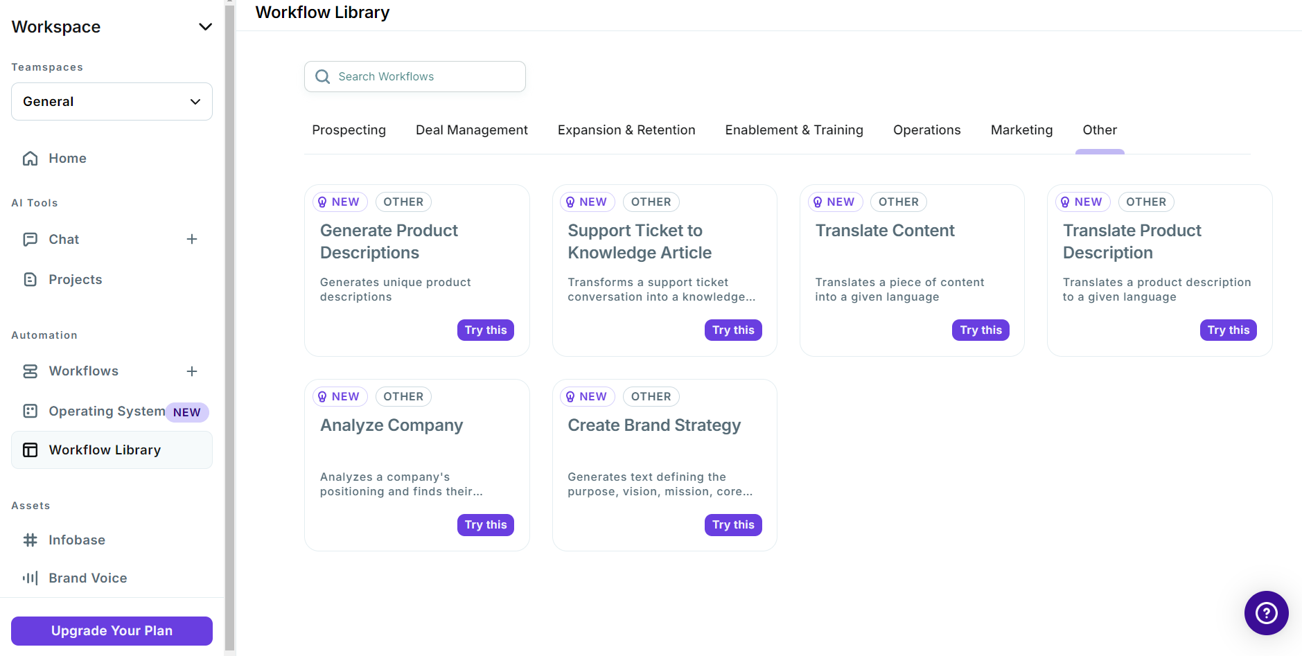 Copy.ai dashboard showing the Workflow Library with AI workflow templates like Generate Product Descriptions, Translate Content, and Create Brand Strategy, plus a left sidebar menu for chat, projects, and automation.