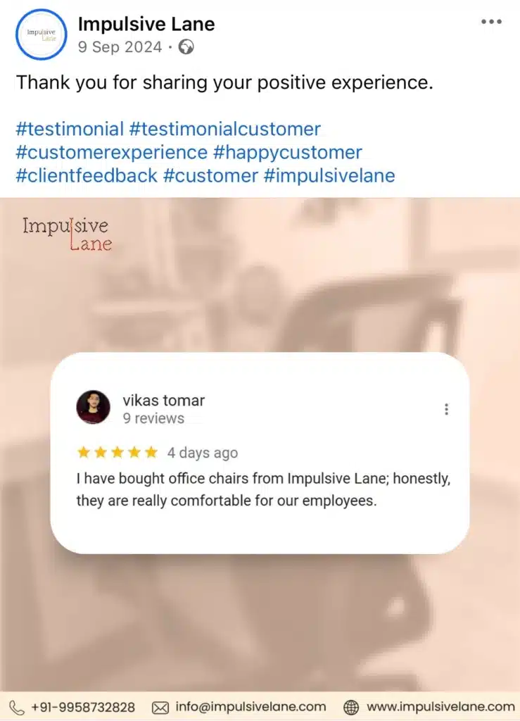 Facebook post from Impulsive Lane featuring a five-star customer review praising the comfort of office chairs, displayed in a testimonial-style graphic.