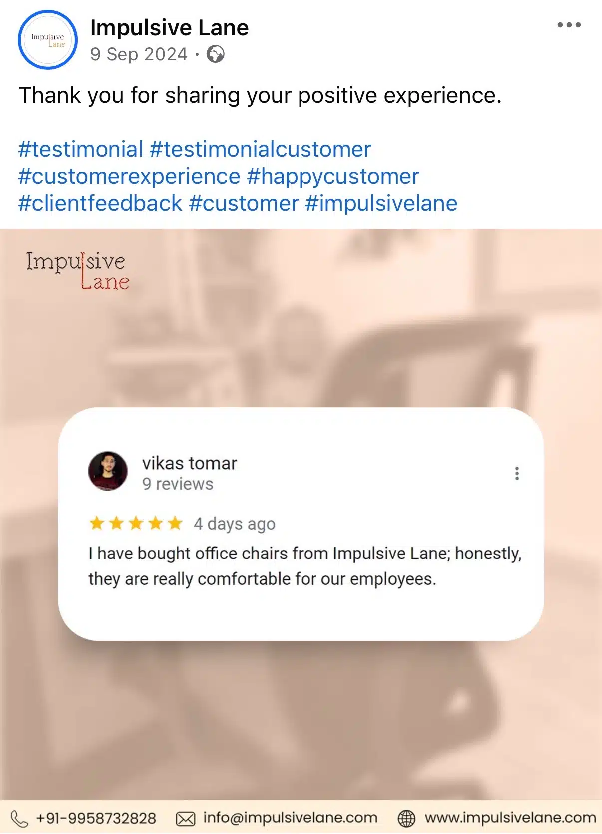 Facebook post from Impulsive Lane featuring a five-star customer review praising the comfort of office chairs, displayed in a testimonial-style graphic.
