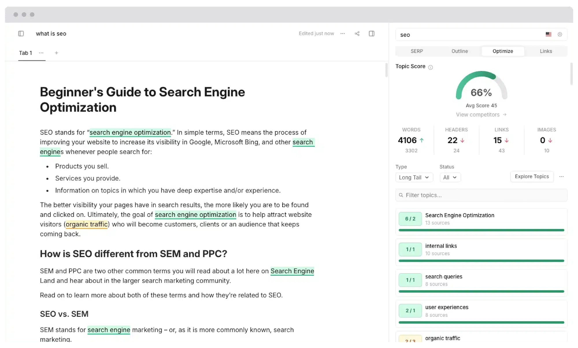 Frase content editor displaying an SEO article draft titled “Beginner’s Guide to Search Engine Optimization” on the left, with highlighted keywords, and an optimization sidebar on the right showing a topic score, word count, headers, links, and suggested topics.
