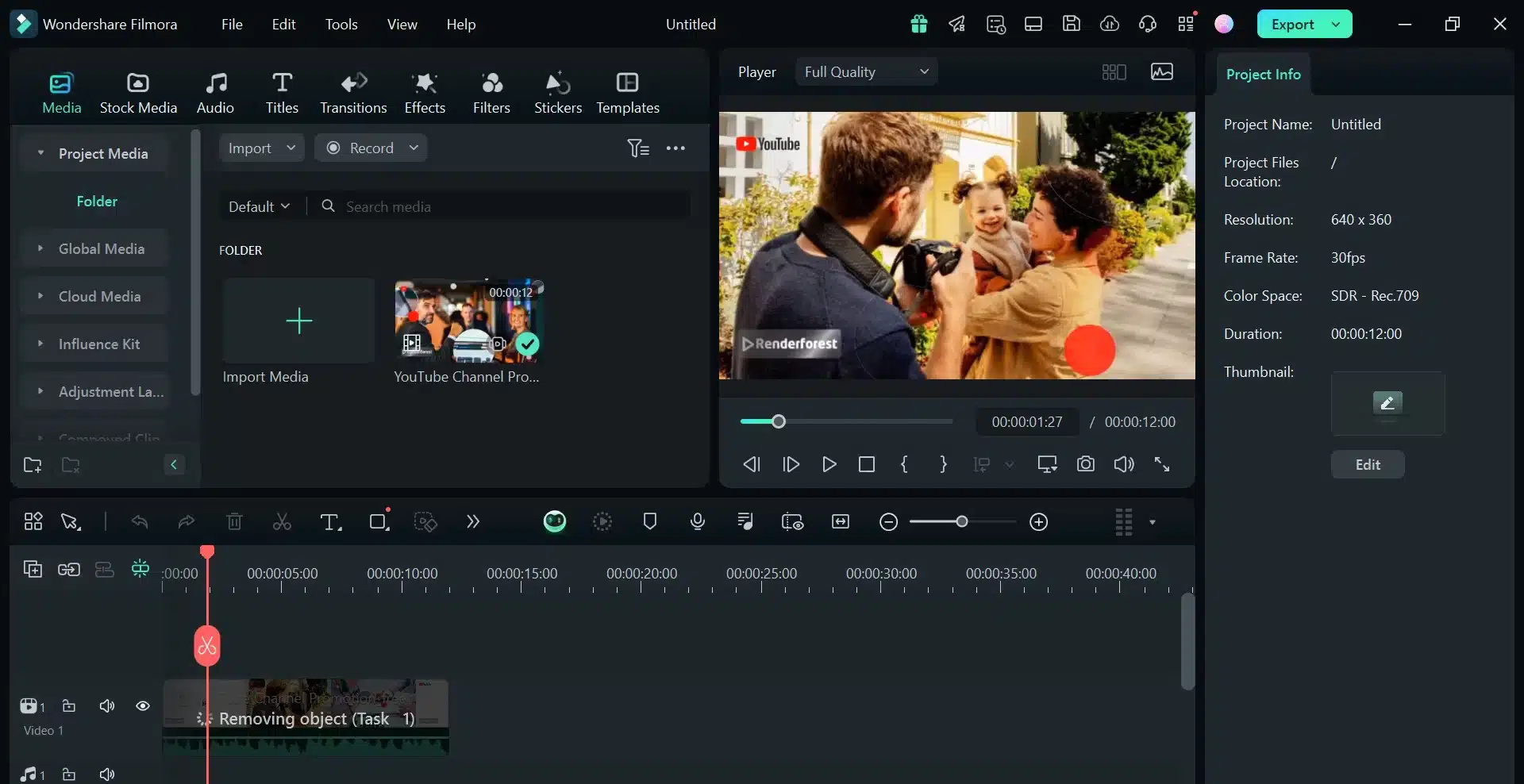 Wondershare Filmora video editor interface showing a Renderforest YouTube channel promo clip in the preview window, with the timeline open for editing and export options visible.
