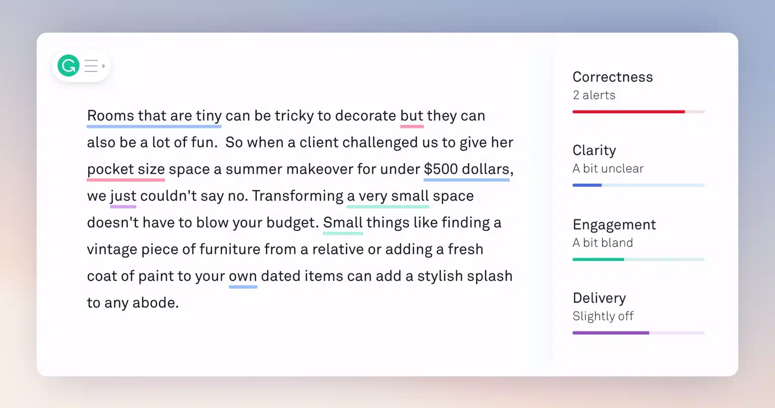Grammarly writing editor showing a paragraph with highlighted grammar and style suggestions, alongside a performance panel rating correctness, clarity, engagement, and delivery with colored progress bars.