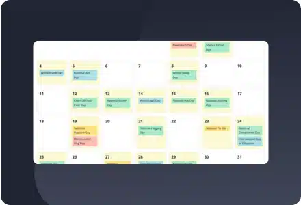Monthly holiday calendar view showing key international and awareness days highlighted across the month, used for planning social media content around relevant dates.