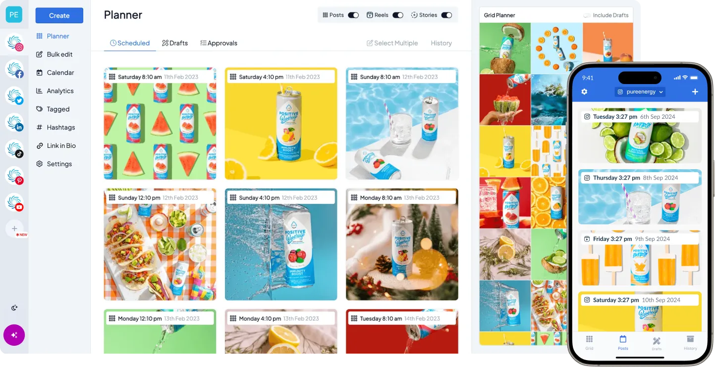 Hopper HQ planner interface showing a social media scheduling dashboard with a grid of scheduled posts and colorful product images, a left sidebar menu (Planner, Calendar, Analytics, Hashtags, Link in Bio), and a mobile preview on the right displaying scheduled Instagram posts in a feed view.