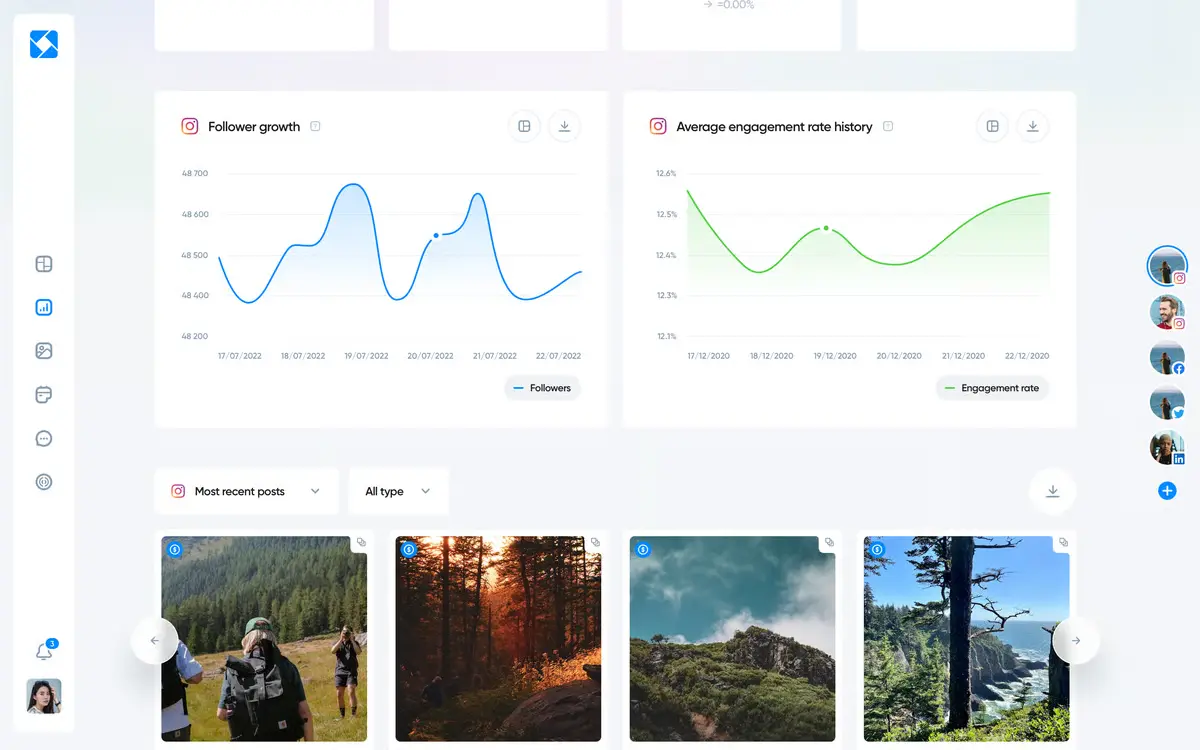 Iconosquare analytics dashboard displaying Instagram follower growth, average engagement rate history, and recent post previews.