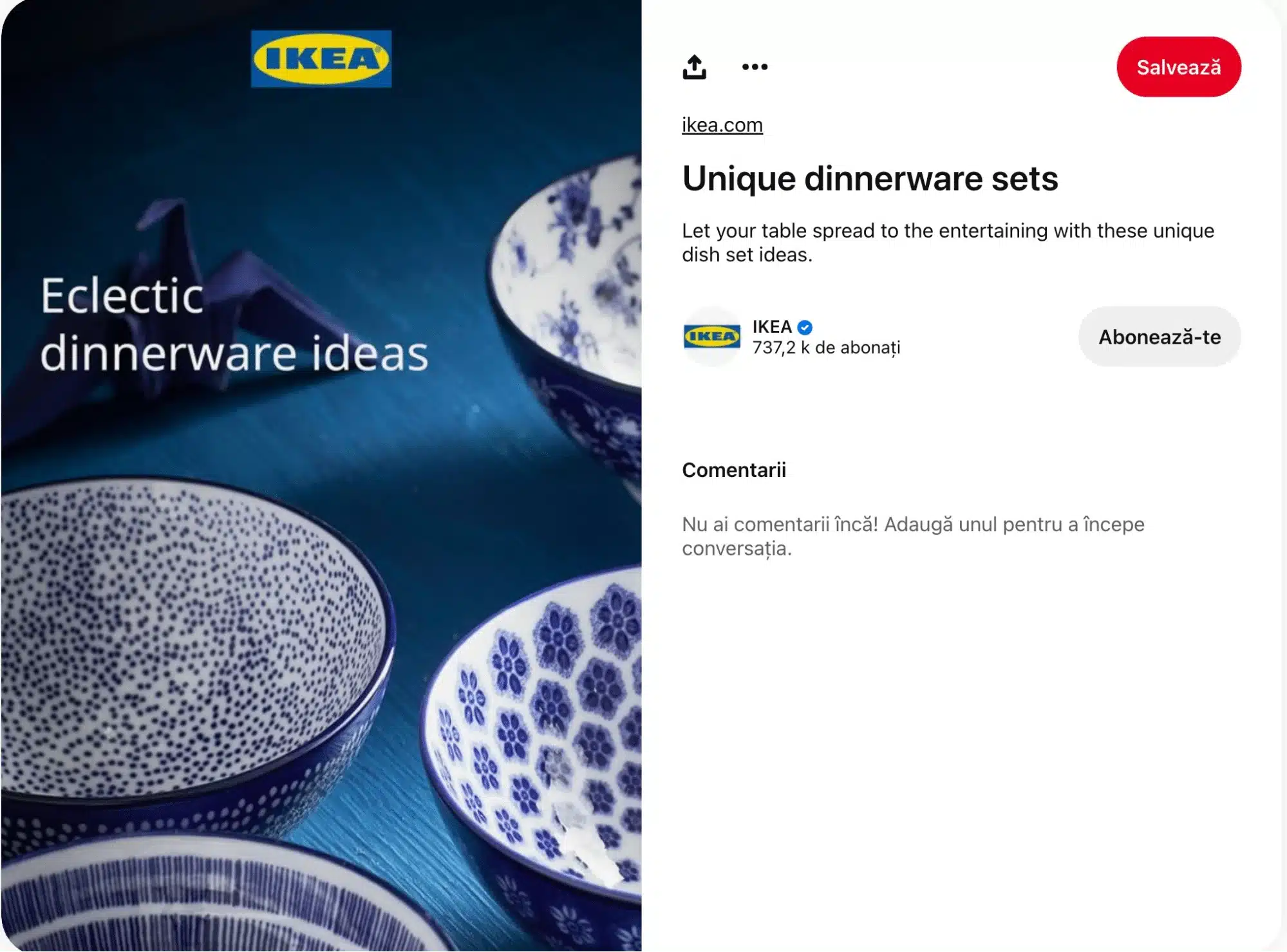 Pinterest pin from IKEA promoting unique dinnerware sets, featuring blue and white patterned bowls arranged on a dark blue table with the overlay text “Eclectic dinnerware ideas,” used to inspire creative table settings and dining decor.