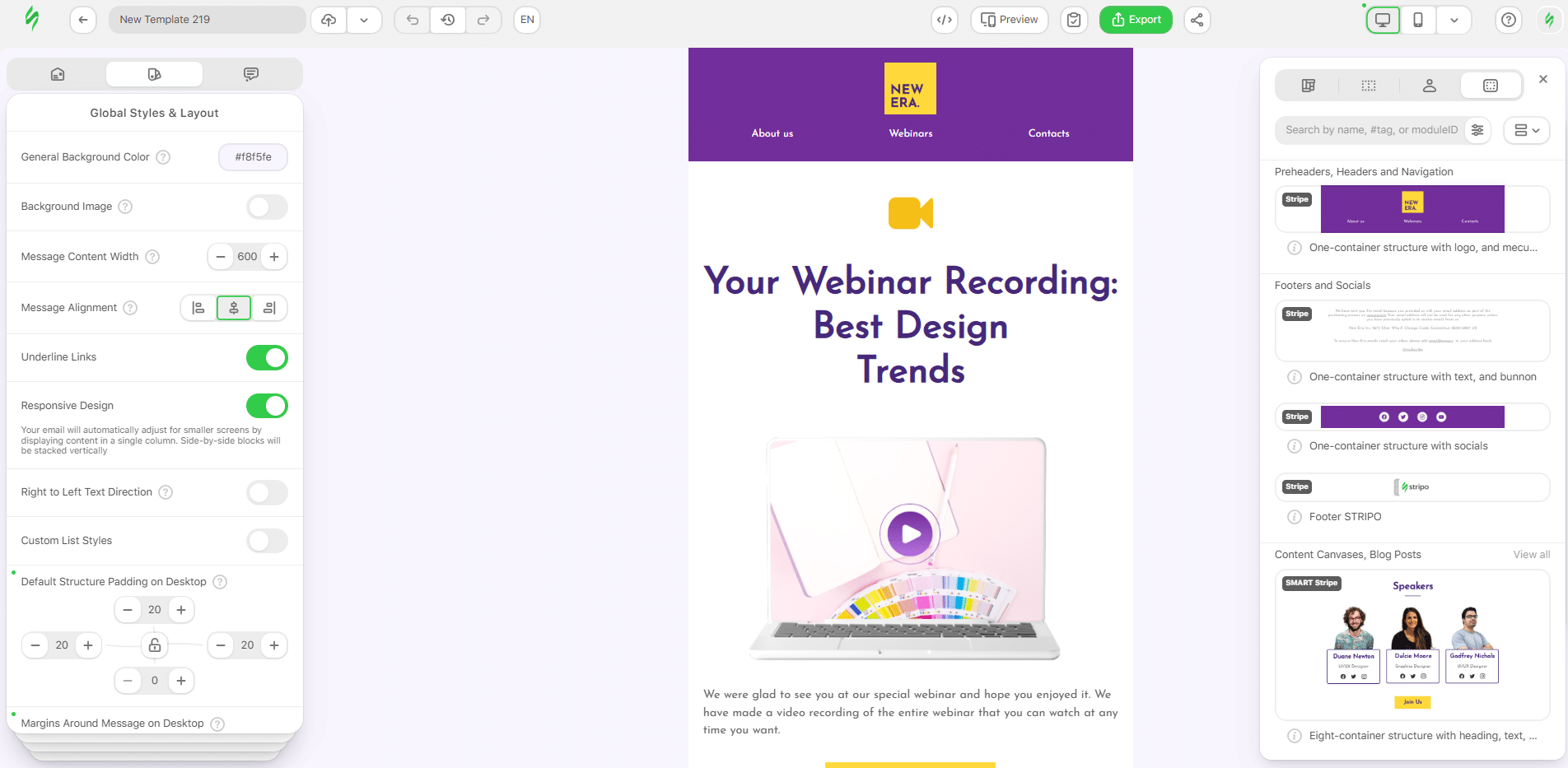 Stripo’s email builder featuring an email template with purple header, video thumbnail, and headline ‘Best Design Trends’.