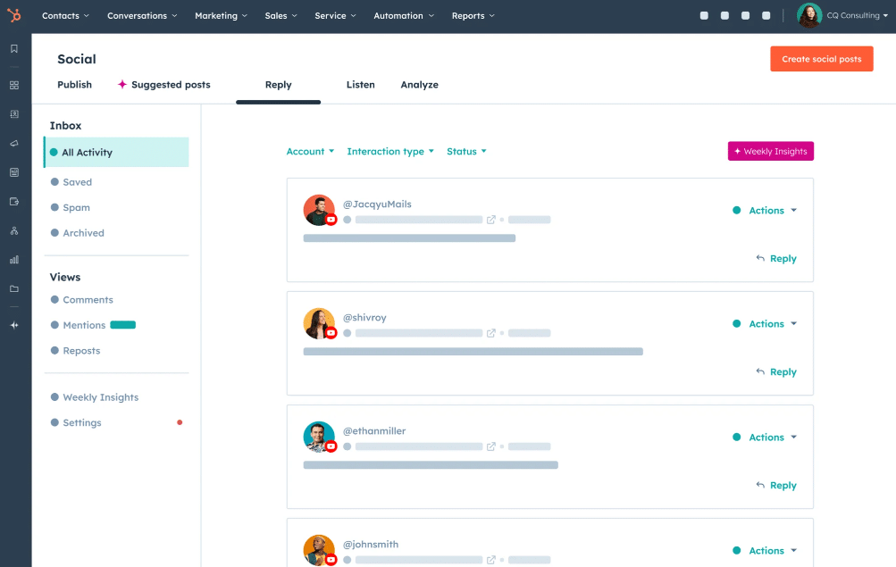 Social media inbox dashboard showing mentions and comments with reply and action buttons.