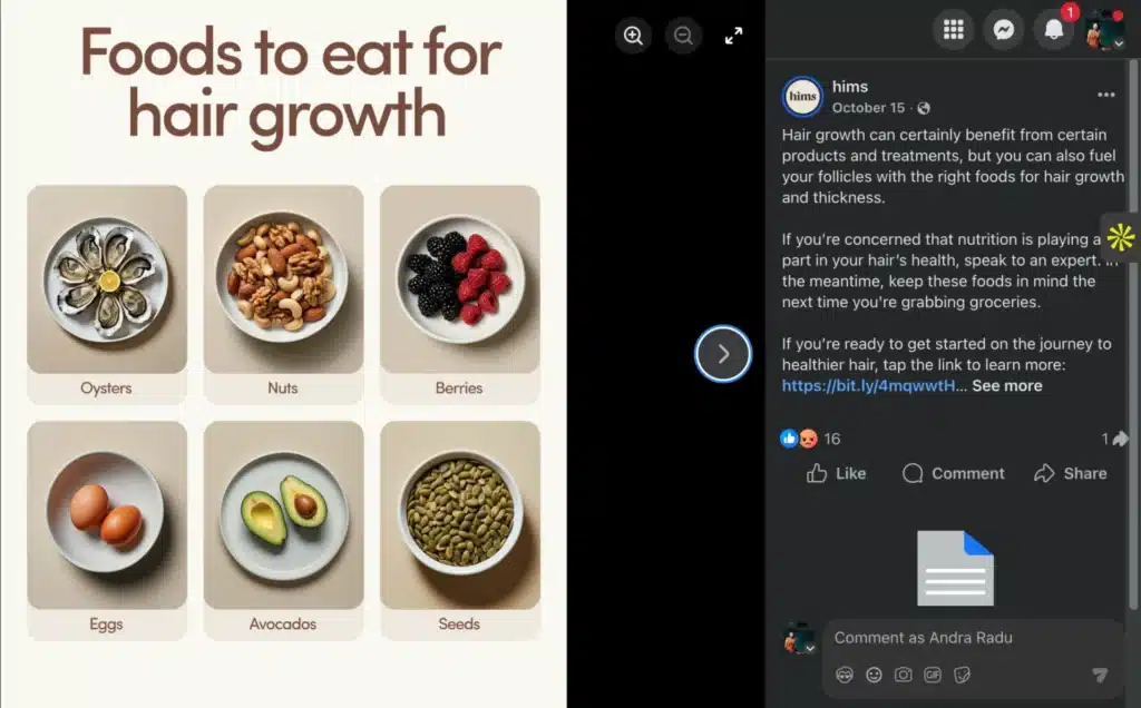 Graphic titled “Foods to eat for hair growth” featuring oysters, nuts, berries, eggs, avocados, and seeds displayed in minimalist bowls.