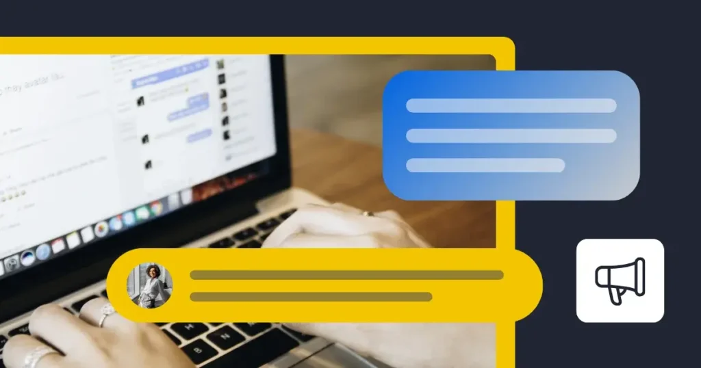 Une personne en train de taper sur un ordinateur portable, avec des bulles de discussion illustrées et une icône de mégaphone superposées, symbolisant la messagerie en ligne, la communication sur les réseaux sociaux ou les échanges liés au marketing numérique