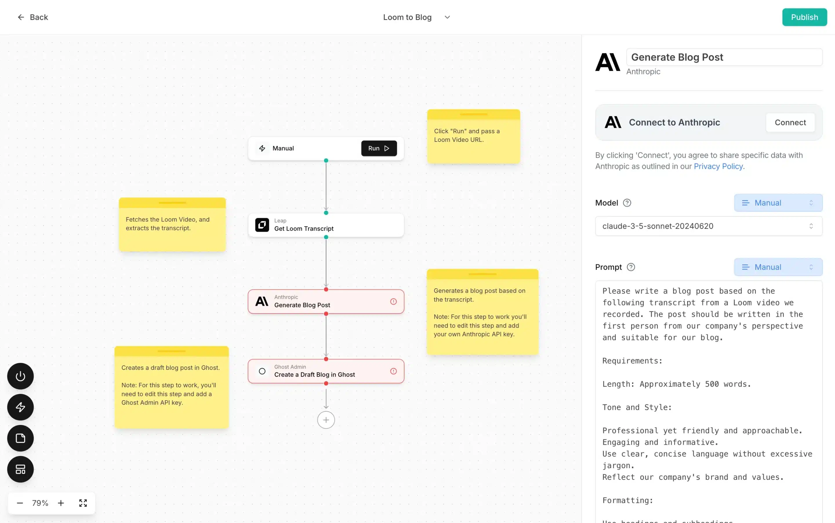 Workflow automation canvas titled “Loom to Blog” showing a vertical flow: Manual trigger → Get Loom Transcript → Generate Blog Post (Anthropic AI) → Create a Draft Blog in Ghost. Yellow notes explain each step, including fetching the Loom transcript and publishing a draft in Ghost. On the right, an AI settings panel displays “Generate Blog Post” with model selection (Claude 3.5 Sonnet), a manual prompt, and writing requirements such as ~500 words, professional yet friendly tone, and clear formatting.