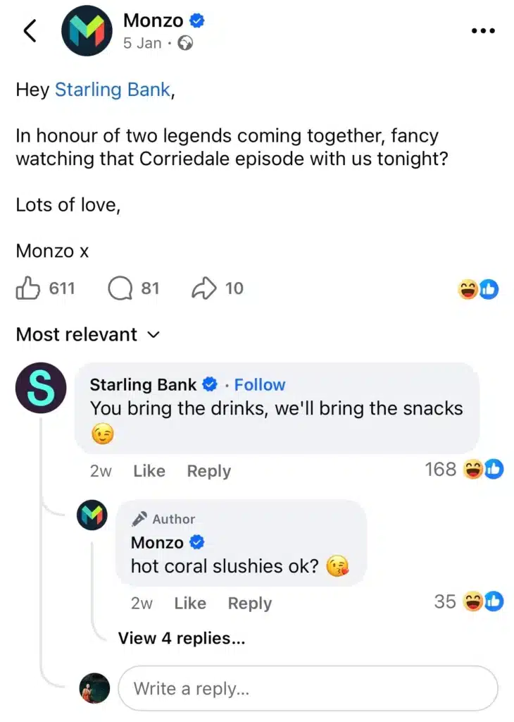 Facebook post showing a playful comment exchange between Monzo and Starling Bank, highlighting brand-to-brand interaction and audience engagement.