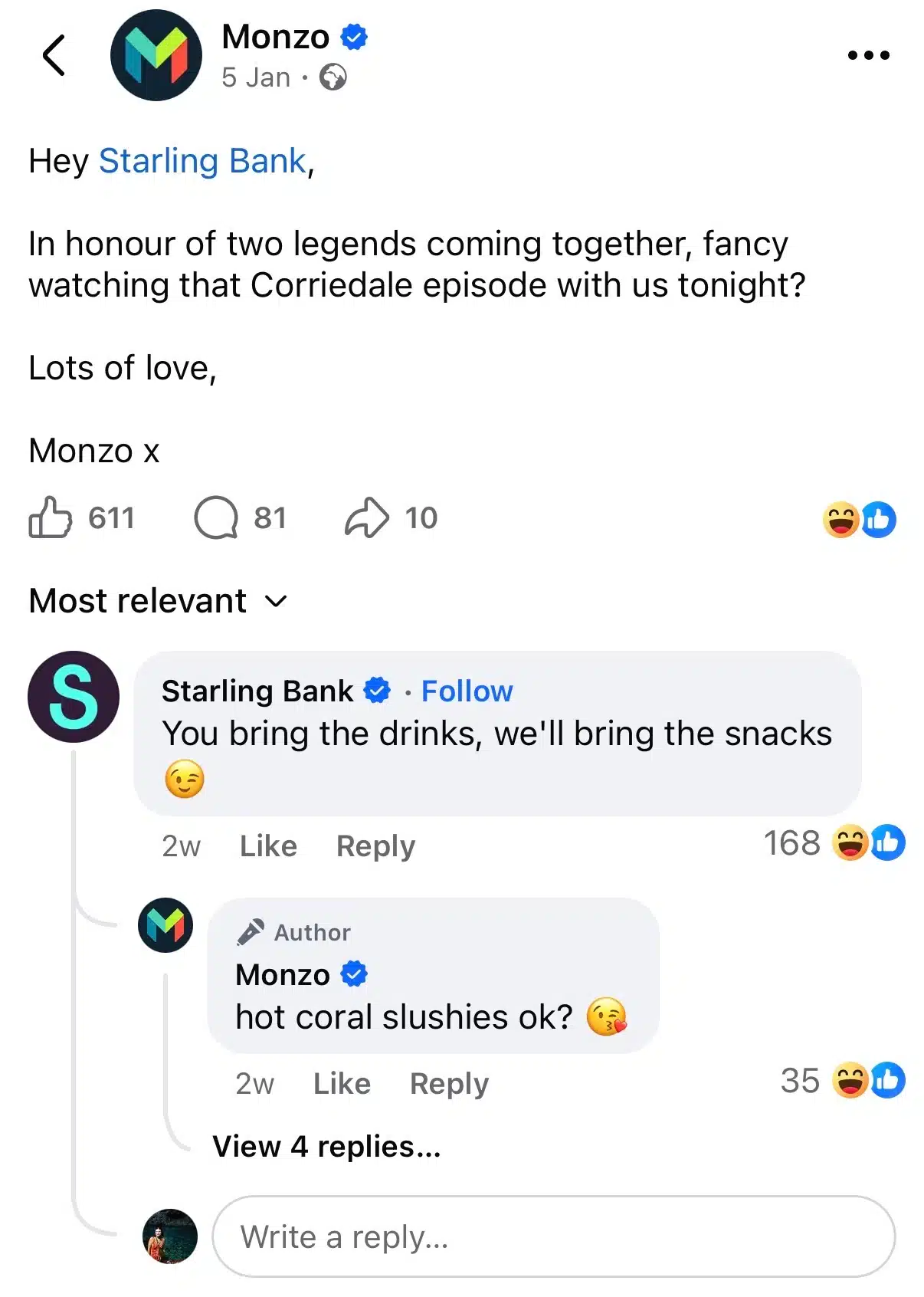 Facebook post showing a playful comment exchange between Monzo and Starling Bank, highlighting brand-to-brand interaction and audience engagement.