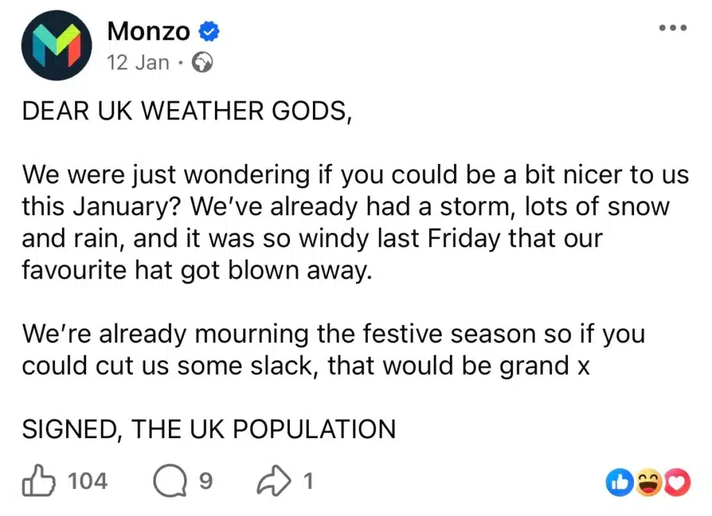 Text-only Facebook post from Monzo humorously addressing the UK weather gods, written in a conversational and playful tone.