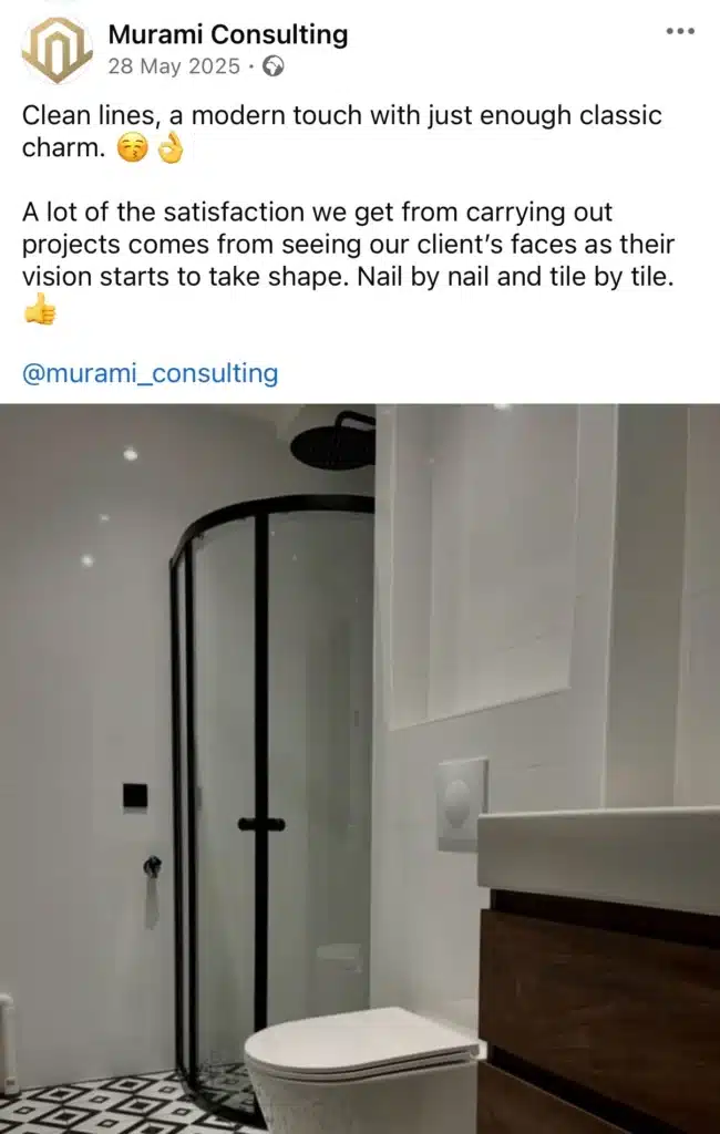 Modern bathroom interior with a glass shower, minimalist fixtures, and patterned floor tiles, showcasing a completed renovation project by Murami Consulting.