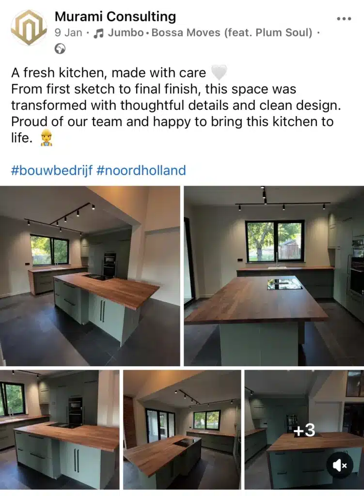 Series of images showing a modern kitchen renovation with green cabinetry, wooden countertops, and clean, contemporary design details.