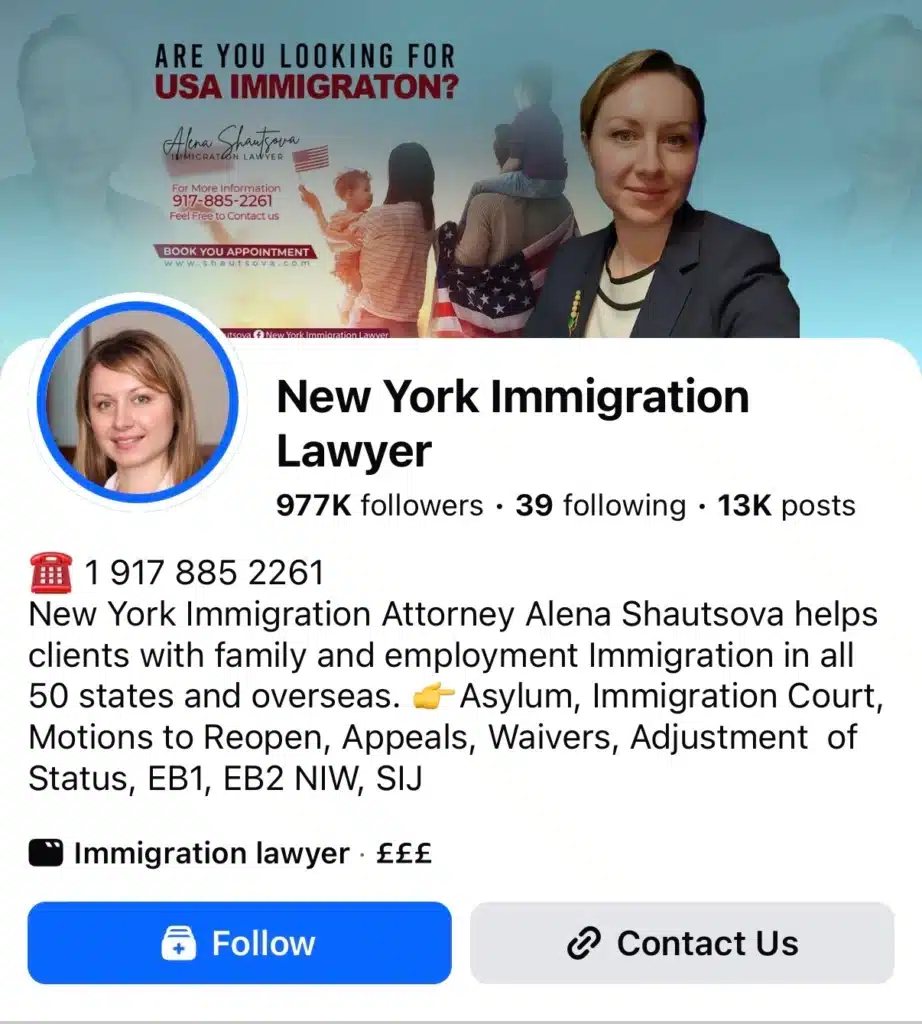 Facebook business profile for New York Immigration Lawyer, featuring a professional headshot, contact details, and immigration law services.