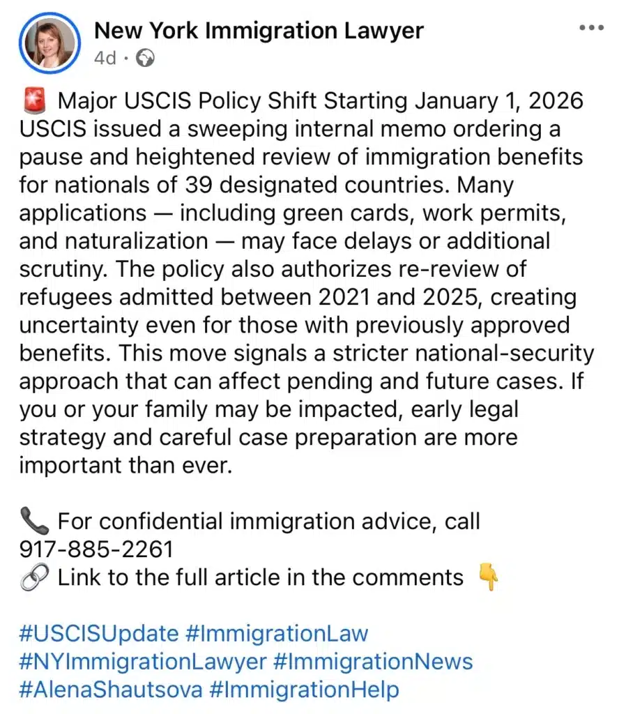 Text-heavy Facebook post from New York Immigration Lawyer explaining a major USCIS policy update and its potential impact on immigration cases.