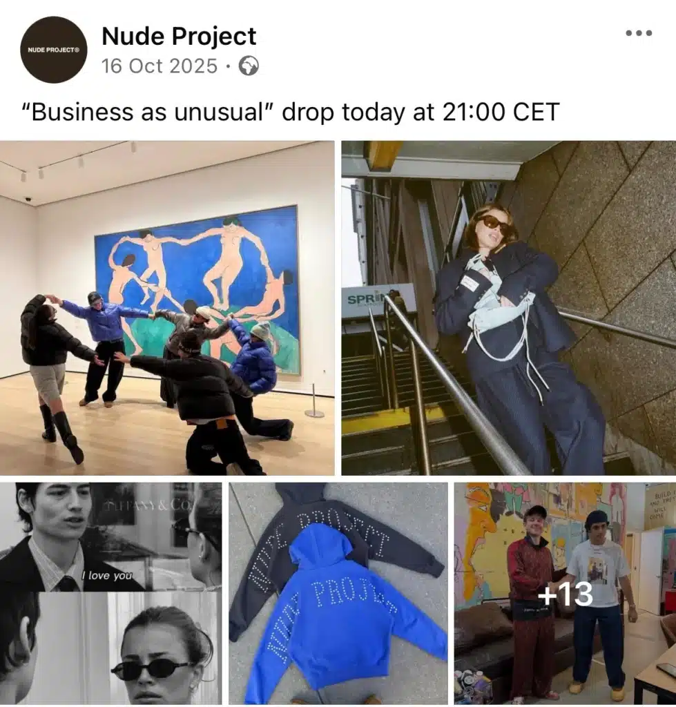 Collage-style fashion post from Nude Project featuring street photography, art references, clothing items, and people posing indoors, announcing a new collection drop.