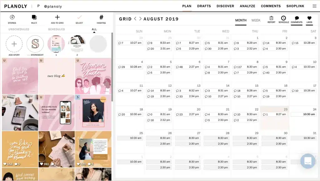 Planoly content planning dashboard showing a monthly Instagram grid and calendar view for August 2019, with scheduled and unscheduled posts, posting times, engagement counts, and a visual preview of planned feed content on the left and a day-by-day posting schedule on the right.