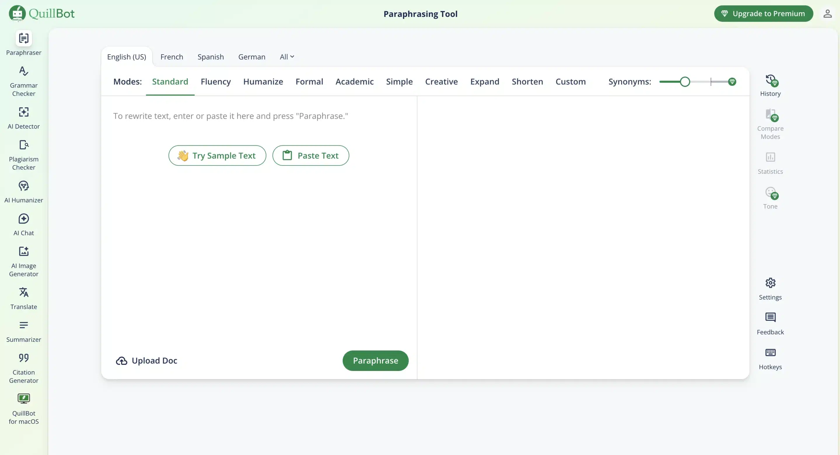QuillBot paraphrasing tool interface showing a split editor with input on the left and output on the right, language options (English, French, Spanish, German), rewrite modes like Standard, Fluency, Formal, Academic, Creative, Expand, and Shorten, a synonym slider, “Paste Text” and “Try Sample Text” buttons, and a green “Paraphrase” button, with sidebar tools for grammar, plagiarism, AI detection, summarizer, and citation generator.