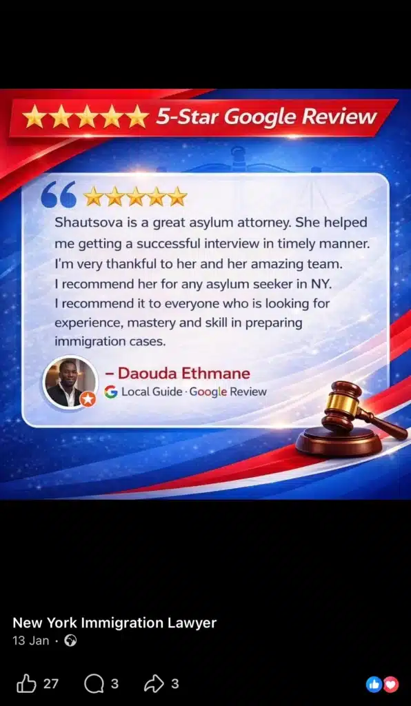 Graphic highlighting a five-star Google review praising an immigration attorney for asylum case support, featuring review text, star rating, and a judge’s gavel illustration.