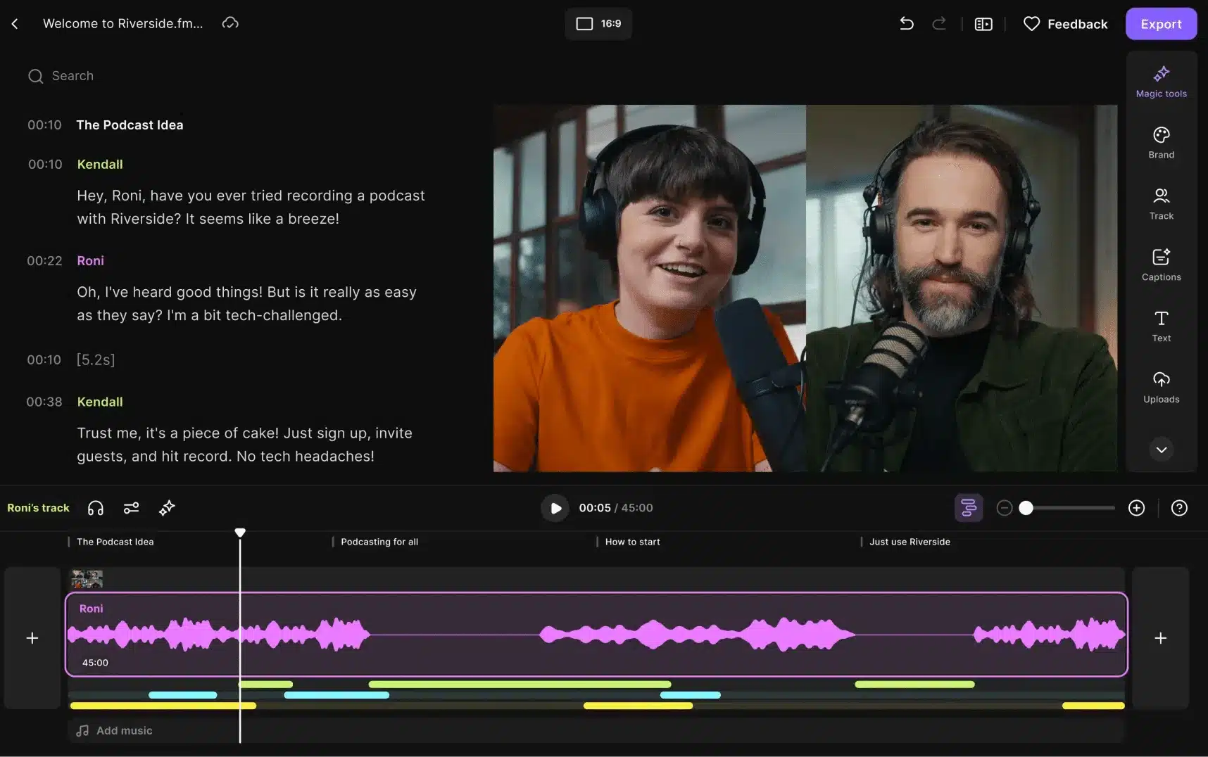 Riverside.fm editor interface showing a video podcast recording with two speakers wearing headphones on screen, a transcript on the left (Kendall and Roni), and a multitrack timeline at the bottom with audio waveforms, captions, and export options.