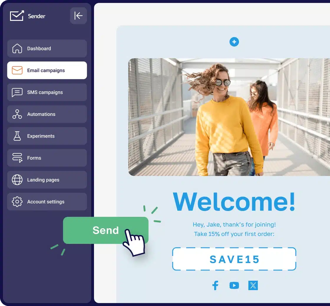 Sender email marketing dashboard with “Email campaigns” selected, showing a welcome email template offering 15% off with coupon code SAVE15 and a highlighted “Send” button.