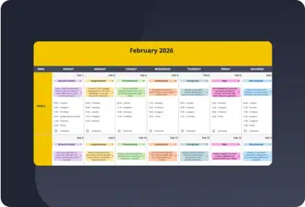 February 2026 social media content calendar laid out by week and day, with color-coded posts and content themes scheduled across multiple platforms.