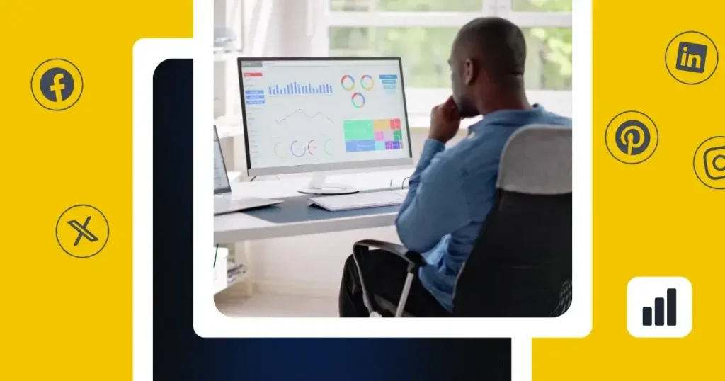 Marketing professional reviewing social media analytics dashboards on a desktop computer, surrounded by social platform icons.