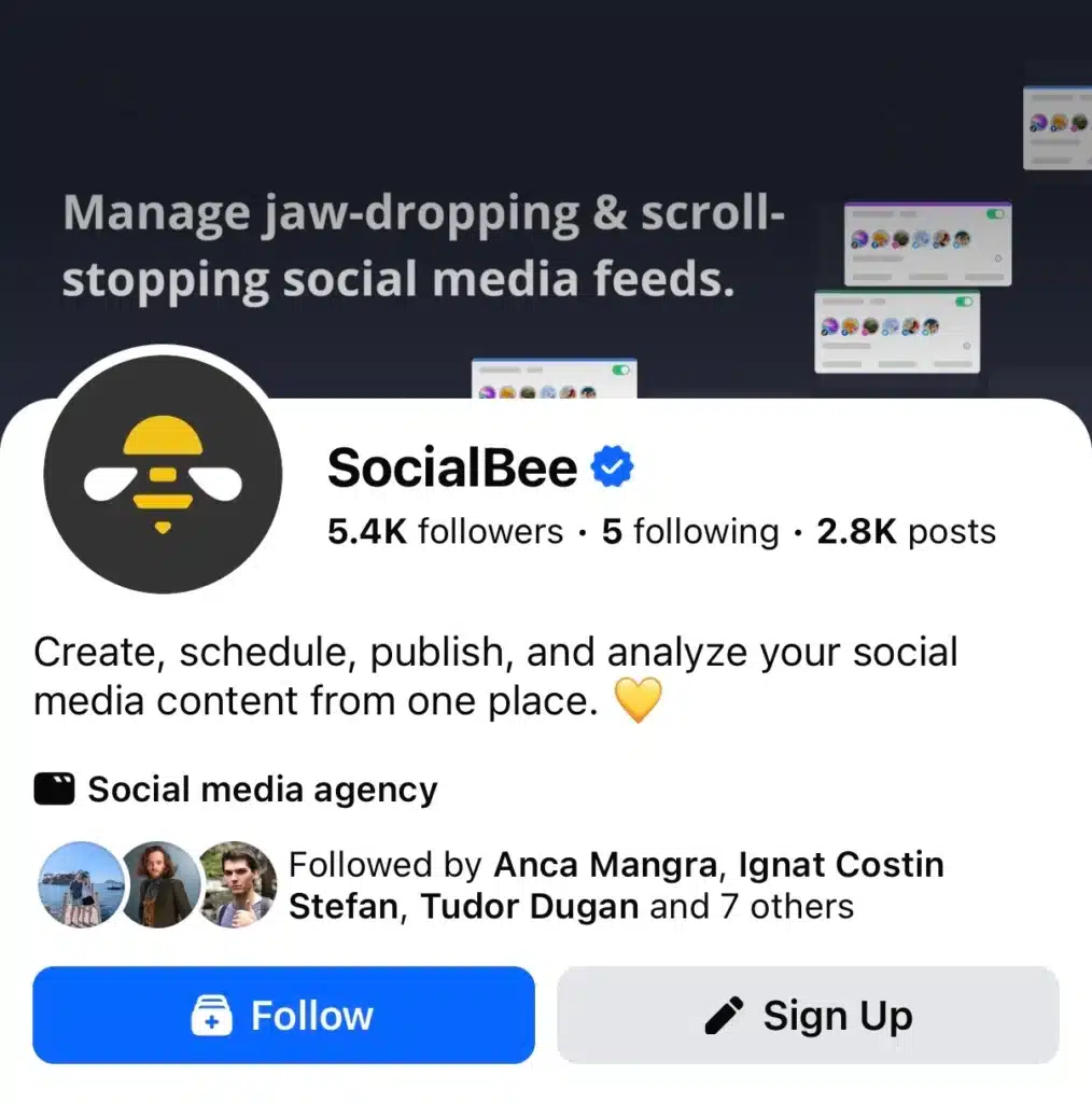 SocialBee Facebook page showing profile logo, follower count, and description about creating, scheduling, publishing, and analyzing social media content.