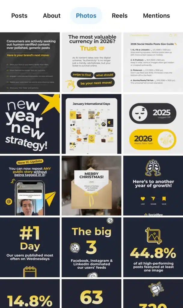 Grid of SocialBee social media graphics featuring tips, statistics, content strategy advice, holiday posts, and social media performance insights.