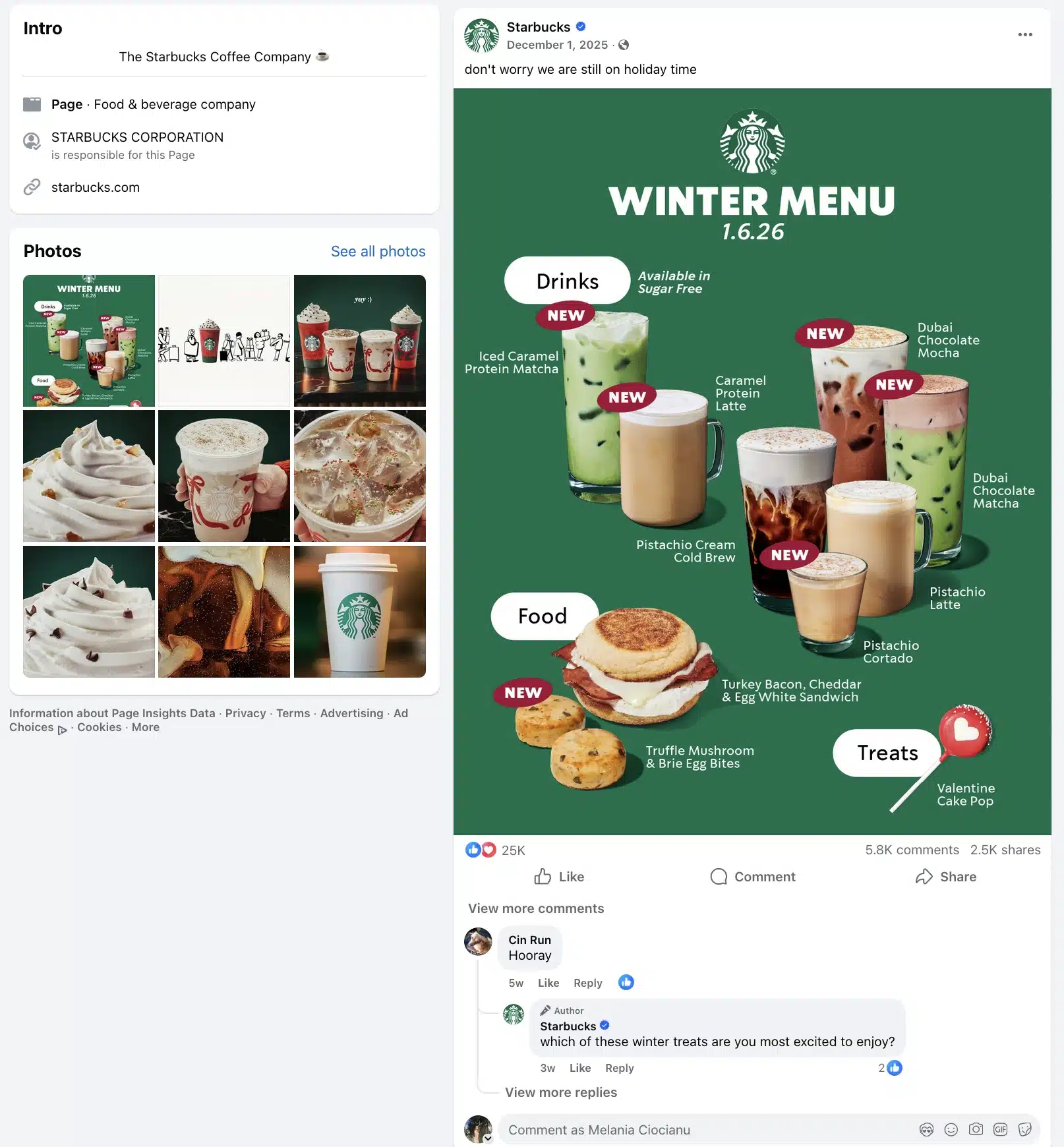Facebook post from Starbucks announcing the Winter Menu launching on January 6, 2026, featuring a green menu graphic with labeled drinks and food items such as Pistachio Latte, Caramel Protein Latte, Dubai Chocolate Matcha, iced matcha drinks, egg bites, a turkey bacon sandwich, and a Valentine Cake Pop, with “new” tags highlighting seasonal additions.
