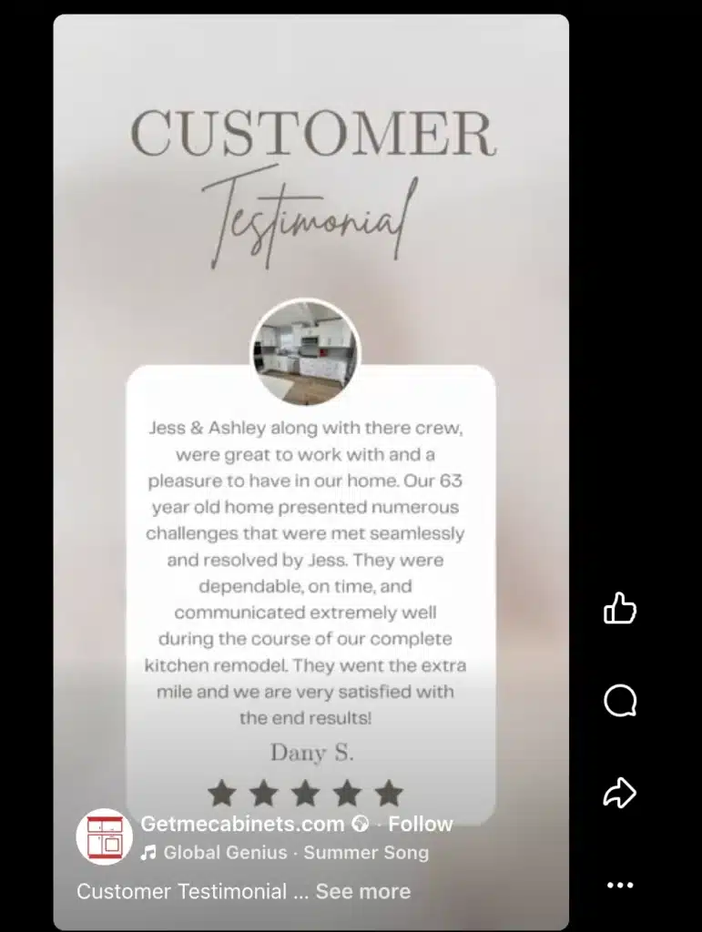 Vertical testimonial graphic with the heading “Customer Testimonial,” a five-star rating, and a written review from a satisfied customer.