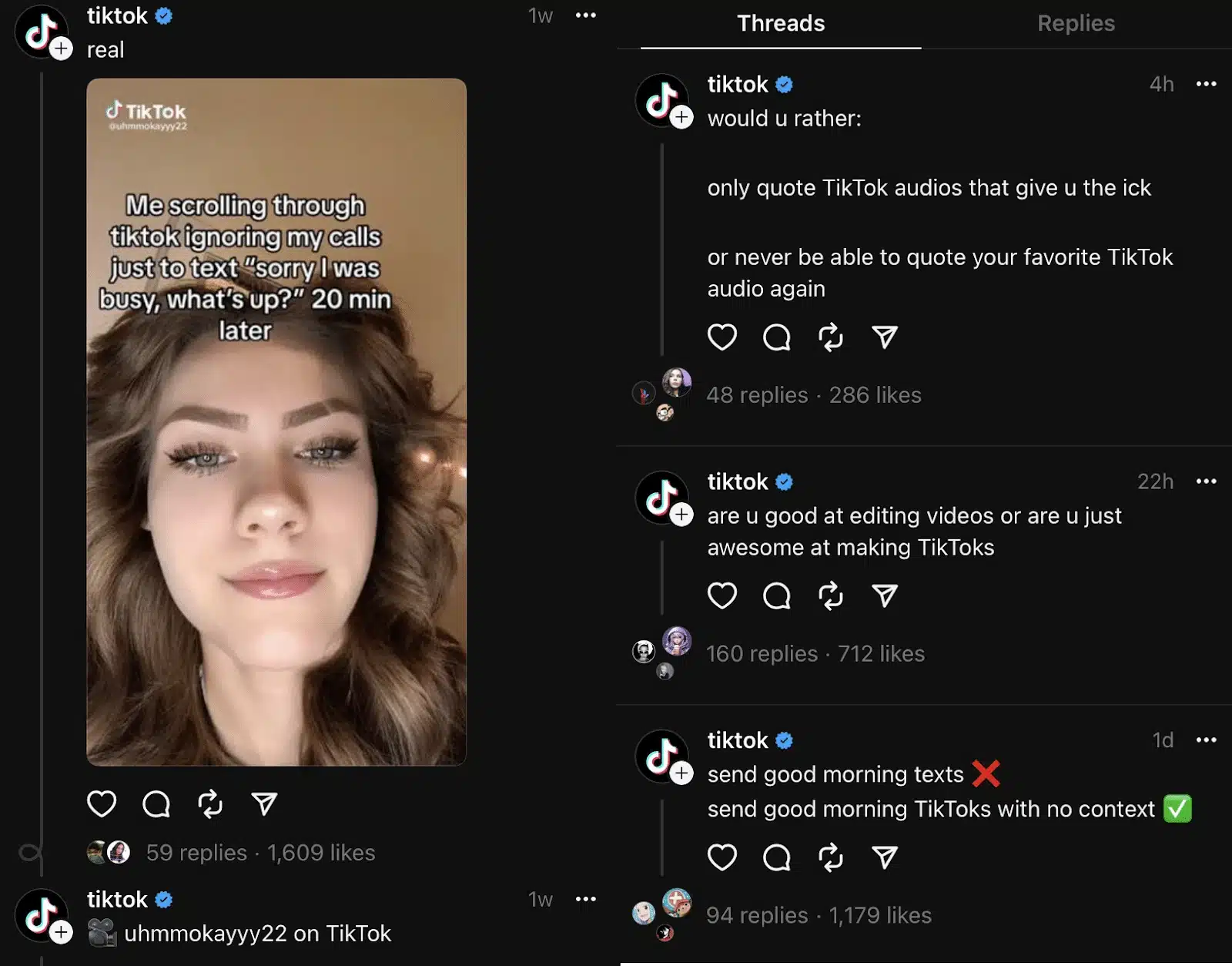 Screenshot of TikTok’s official Threads profile showing a reposted TikTok video on the left with on-screen text about ignoring calls while scrolling TikTok, and a feed of TikTok’s text-based Threads posts on the right asking casual, engagement-driven questions to followers.