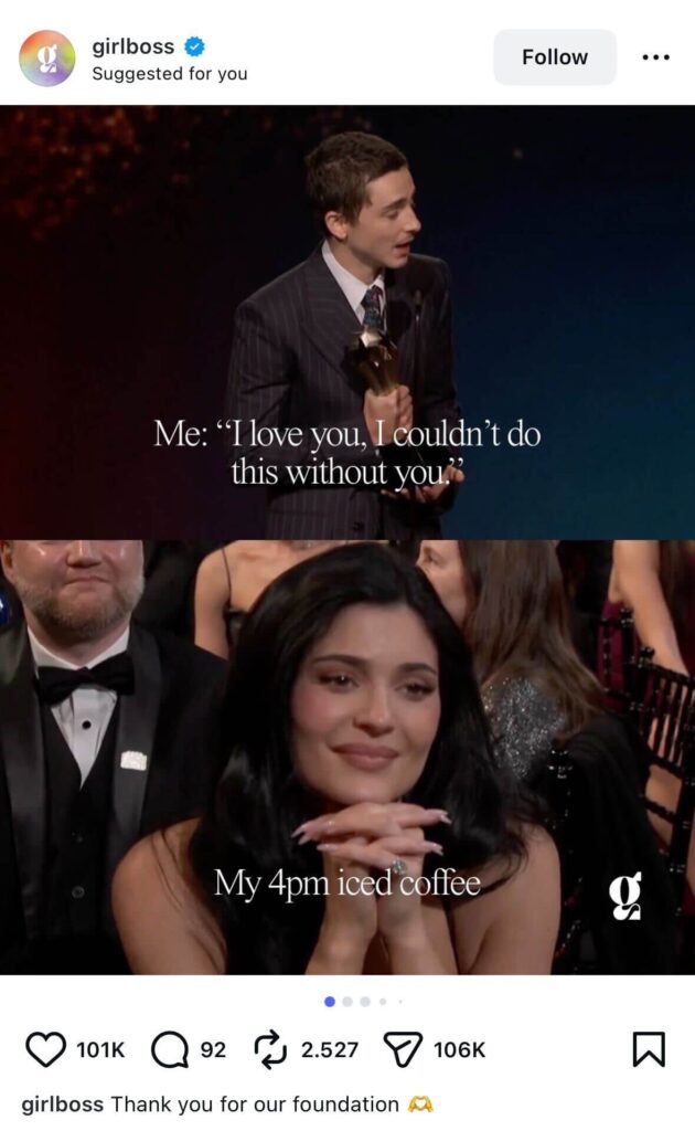 Timothée Chalamet speaks on stage at the Critics’ Choice Awards while Kylie Jenner watches from the audience, captioned as a joke about relying on a 4pm iced coffee.