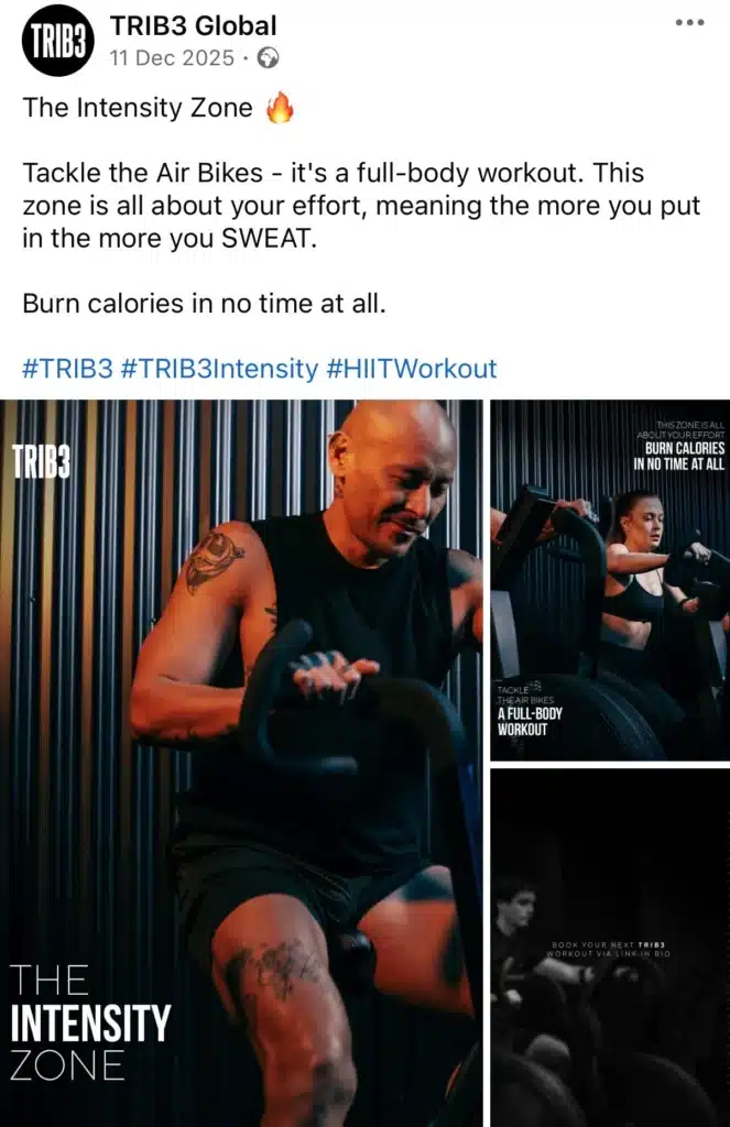 Fitness images of people using air bikes during a high-intensity workout, promoting the TRIB3 Intensity Zone and full-body calorie-burning training.