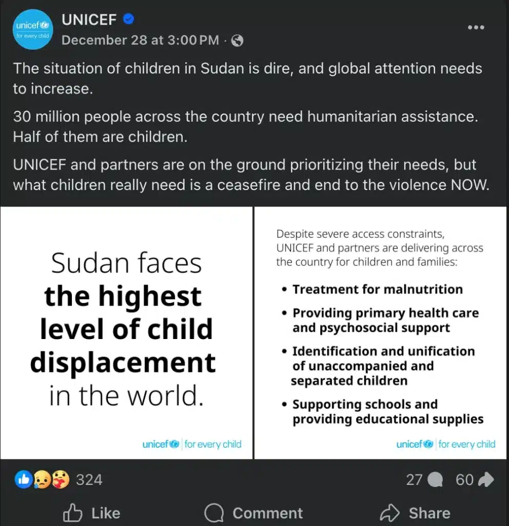 UNICEF Facebook post highlighting child displacement in Sudan, with text blocks explaining humanitarian needs and support actions.