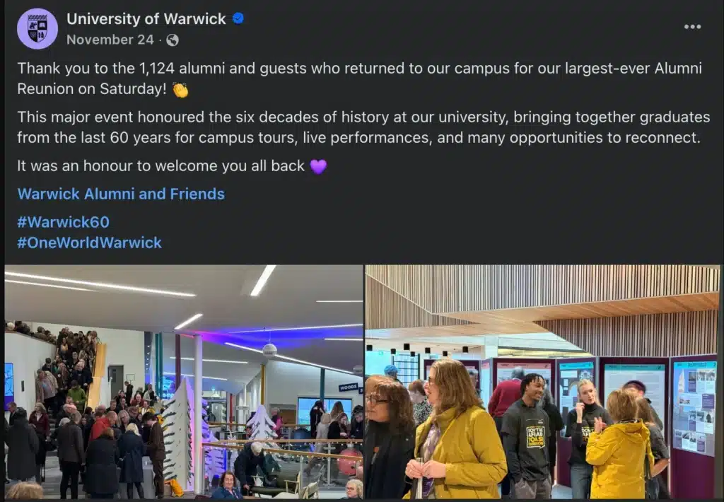 Facebook post from the University of Warwick showing crowds at an alumni reunion event inside a modern campus building.